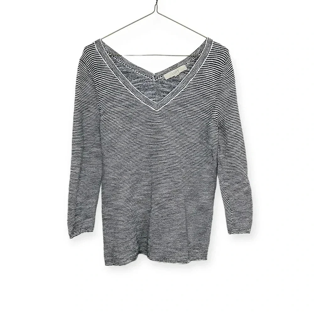 Ann Taylor Loft Black Striped Double V-Neck Sweater Size XS